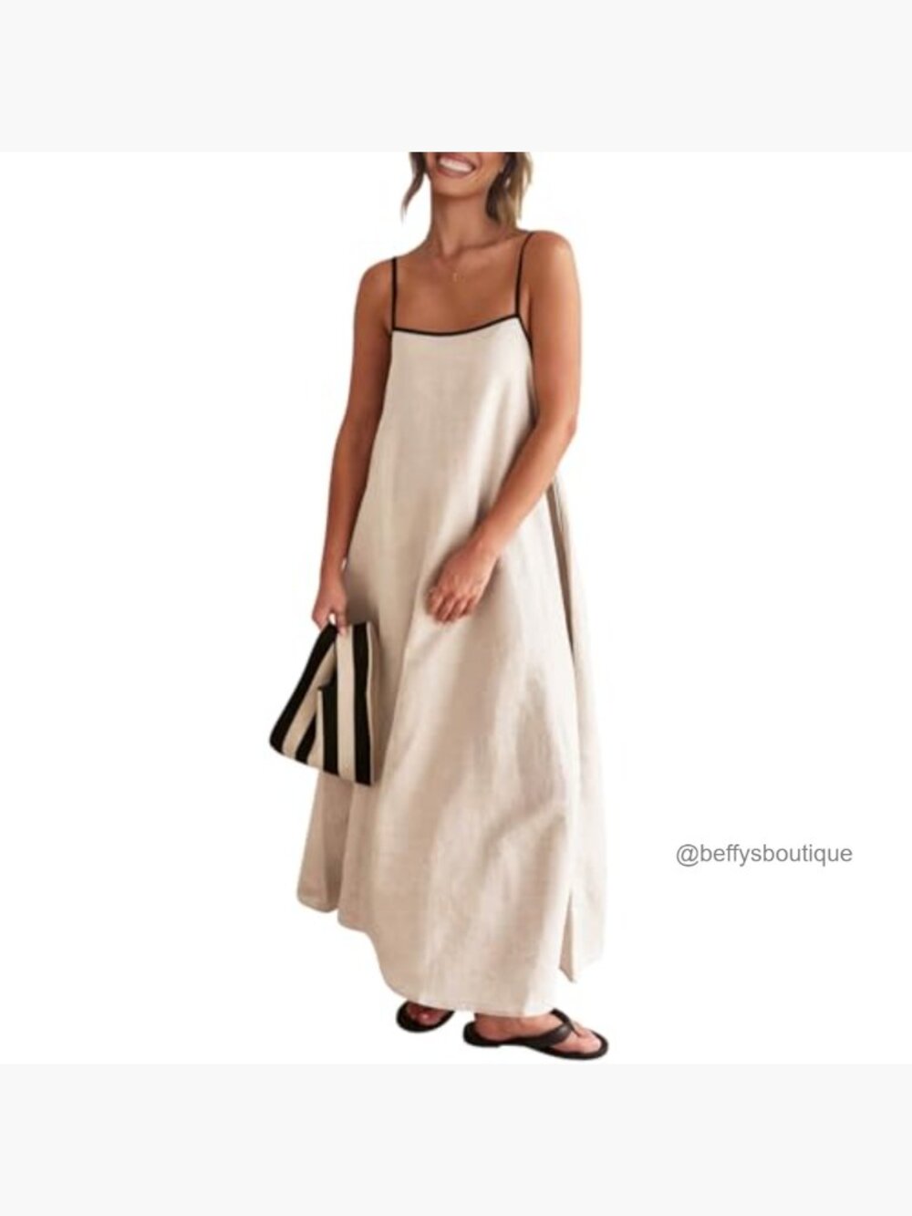 Linen Maxi Dress with Contrast Trim Spaghetti Strap Backless Casual Beach - Picture 4 of 7